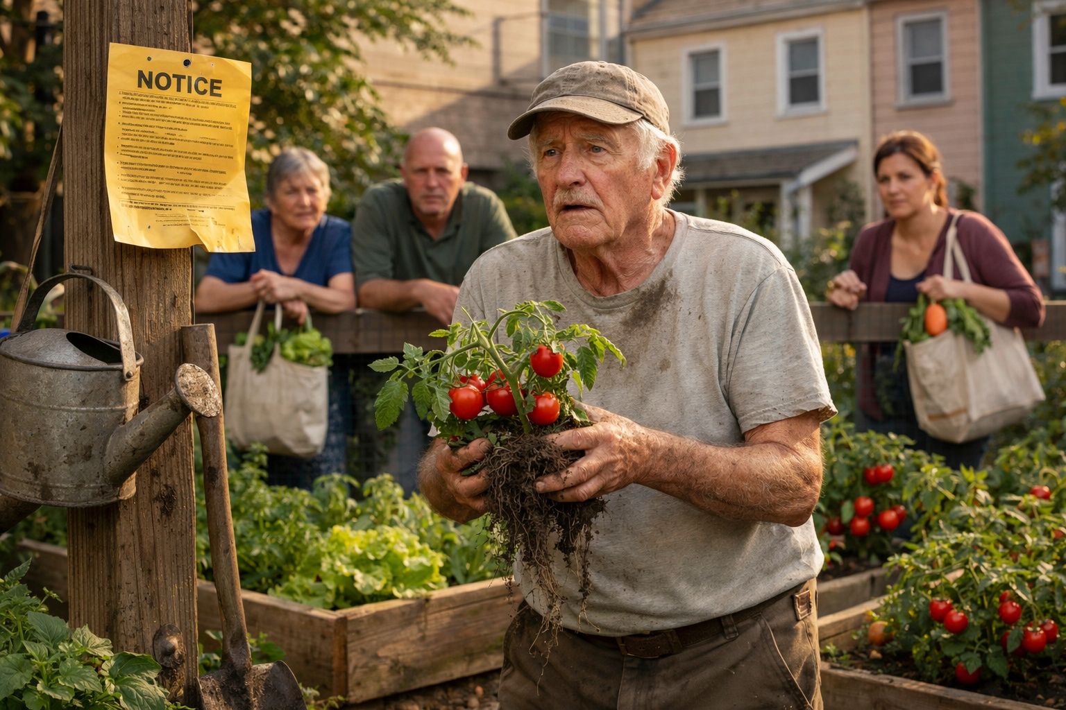 Homem idoso segurando planta de tomateiros com pessoas ao fundo numa horta comunitária urbana.