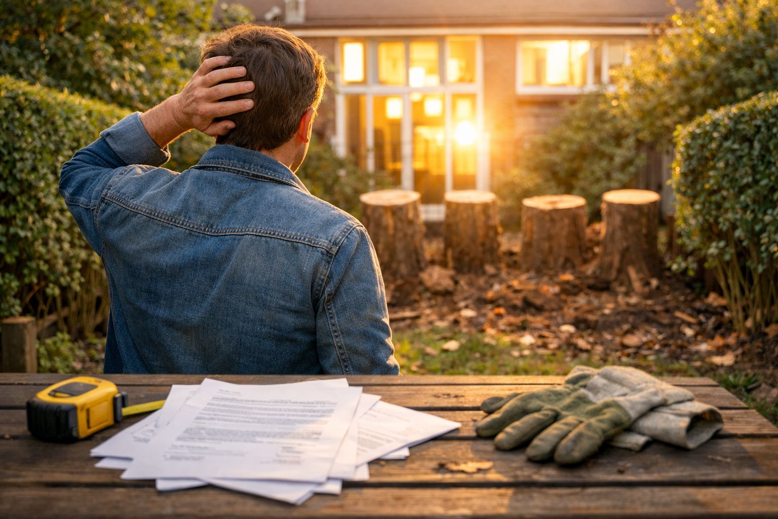 Homem de costas sentado numa mesa ao ar livre, rodeado por papelada e ferramentas, observa tocos de árvore.