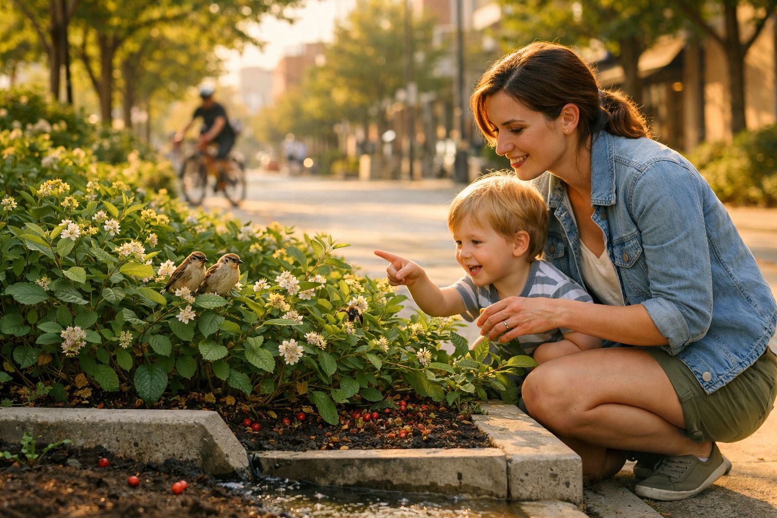 Mulher e criança observam passarinhos num canteiro florido ao ar livre numa tarde ensolarada.