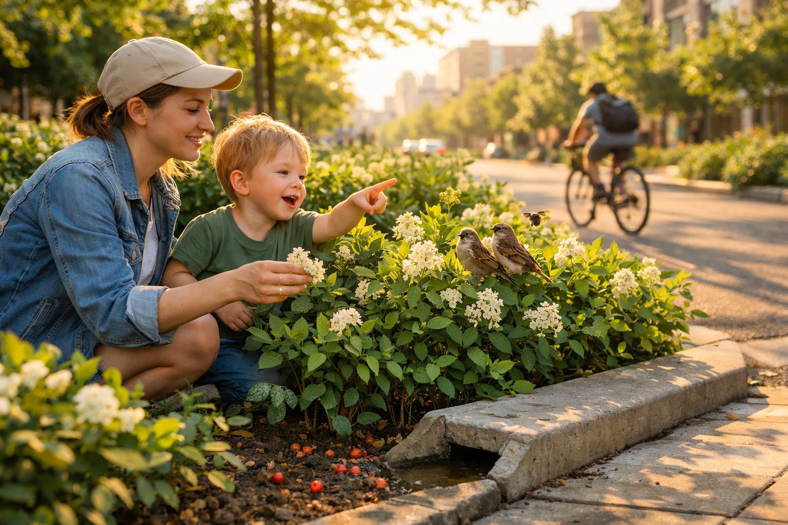 Mulher e menino observam pássaros e flores num jardim urbano ao entardecer, com ciclista ao fundo.