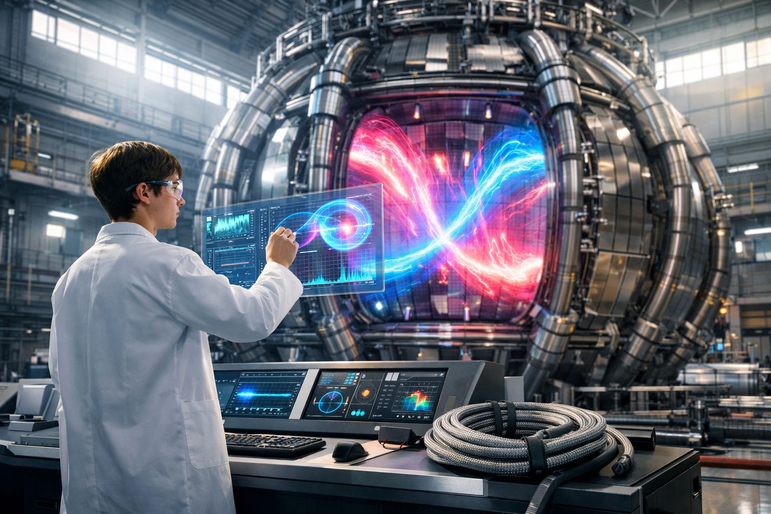 Cientista num laboratório a analisar dados holográficos em frente a um reator nuclear com plasma brilhante.
