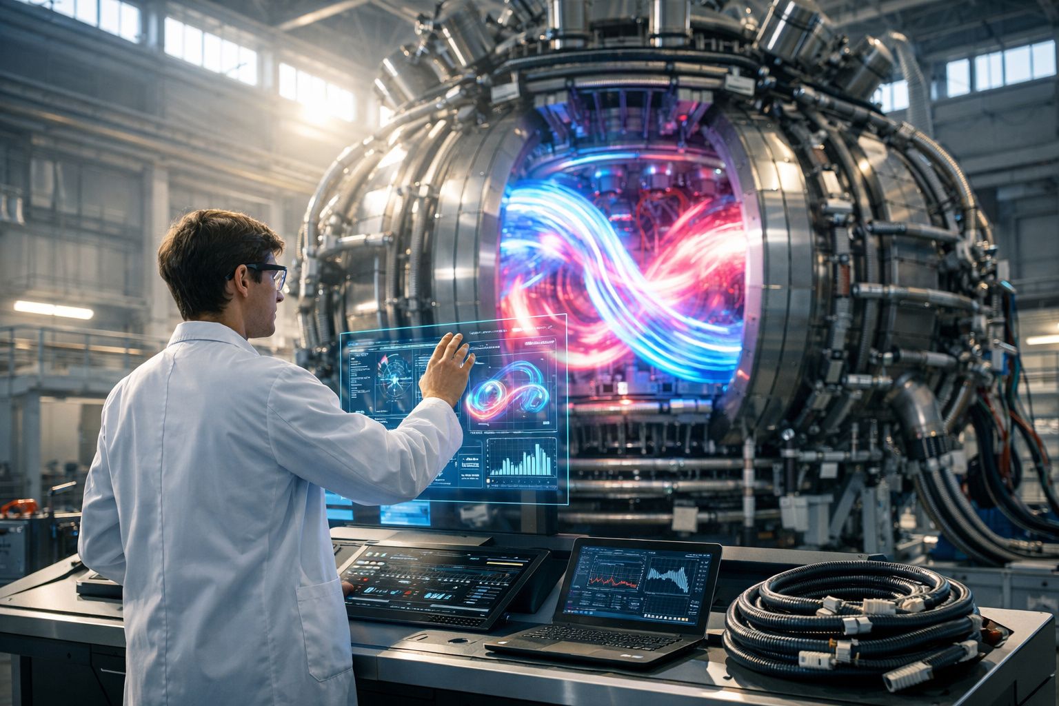 Cientista interage com ecrã digital diante de grande equipamento de tokamak com luzes azuis e vermelhas brilhantes.