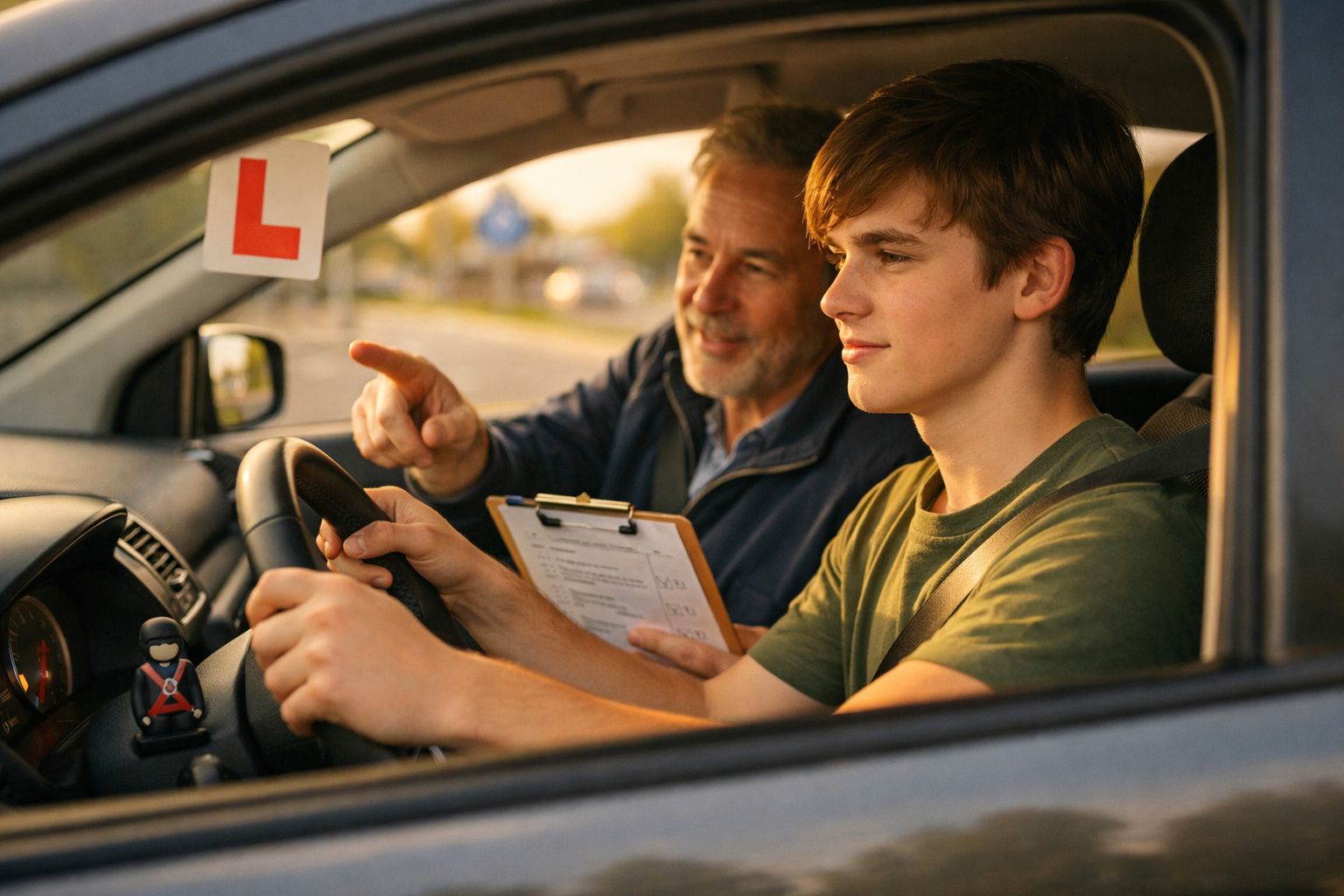 Jovem a aprender a conduzir com instrutor numa viatura com placa de estudante visível.