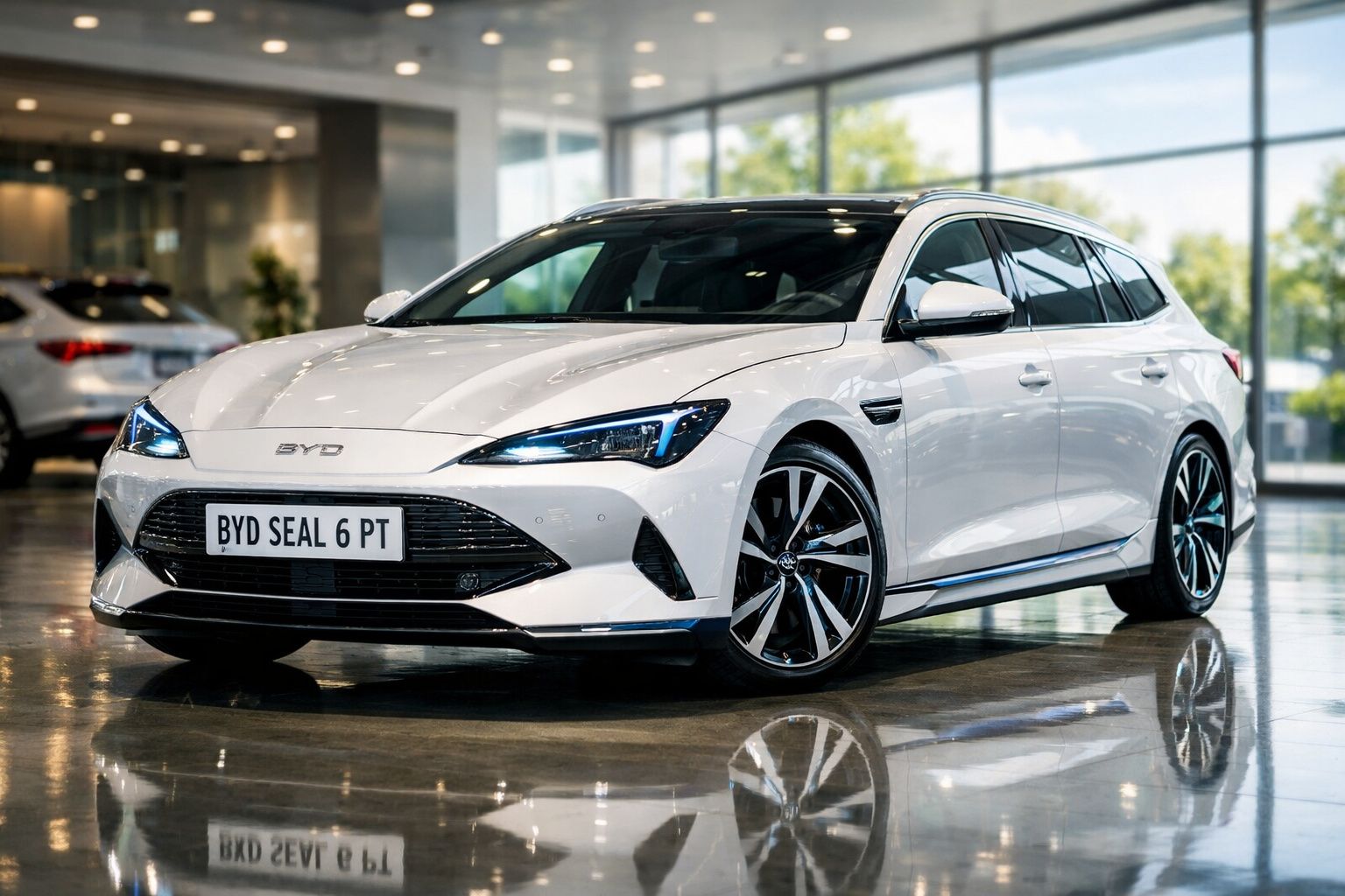 Carro branco BYD Seal 6 PT estacionado num showroom com vidros amplos e chão reflexivo.