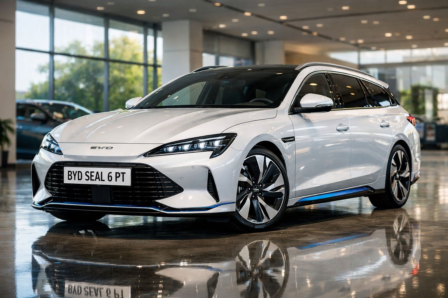 Automóvel elétrico branco BYD Seal 6 PT estacionado em showroom com piso reflectivo e janelas grandes.