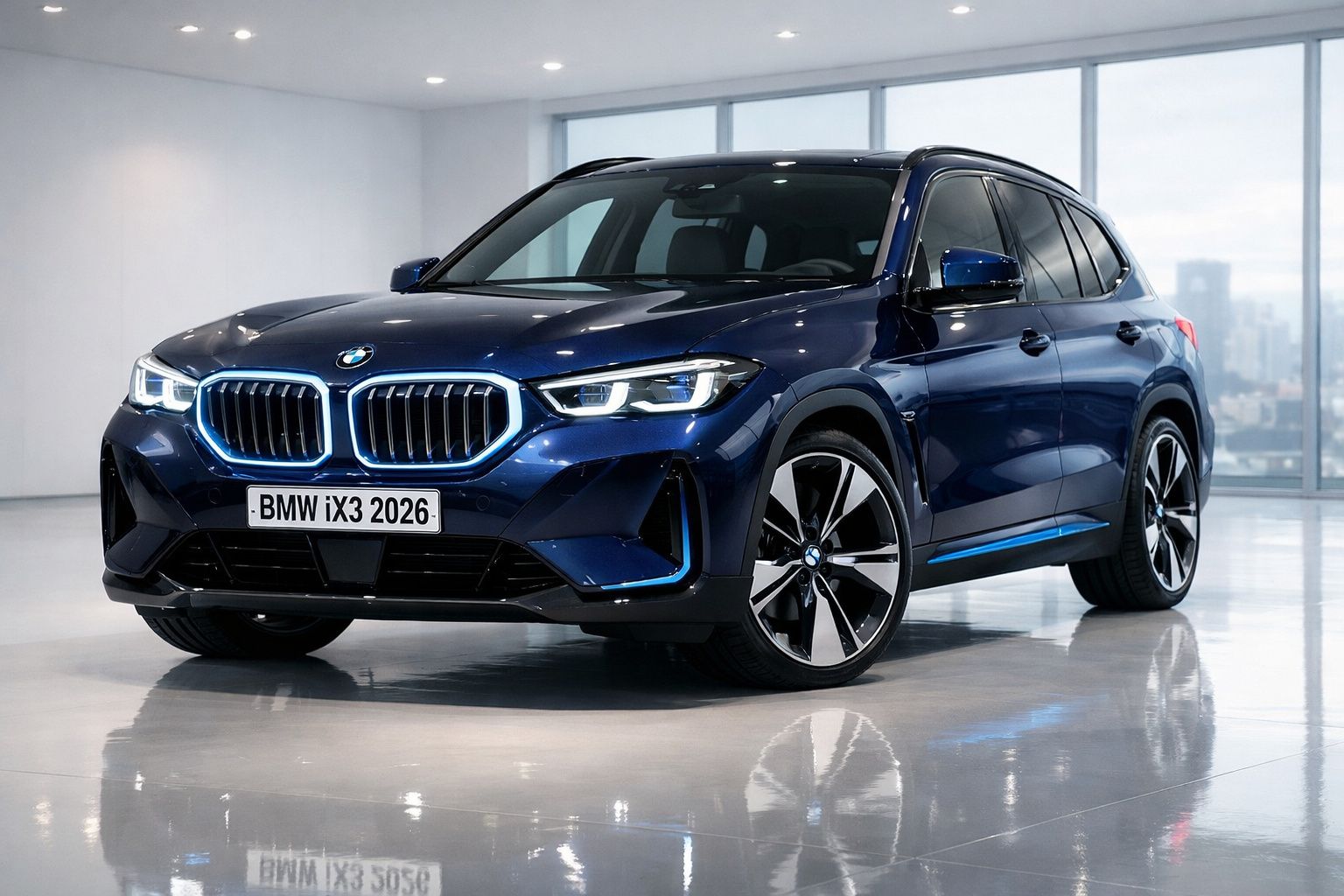 Carro elétrico BMW iX3 2026 azul escuro estacionado em espaço interior com janelas grandes.