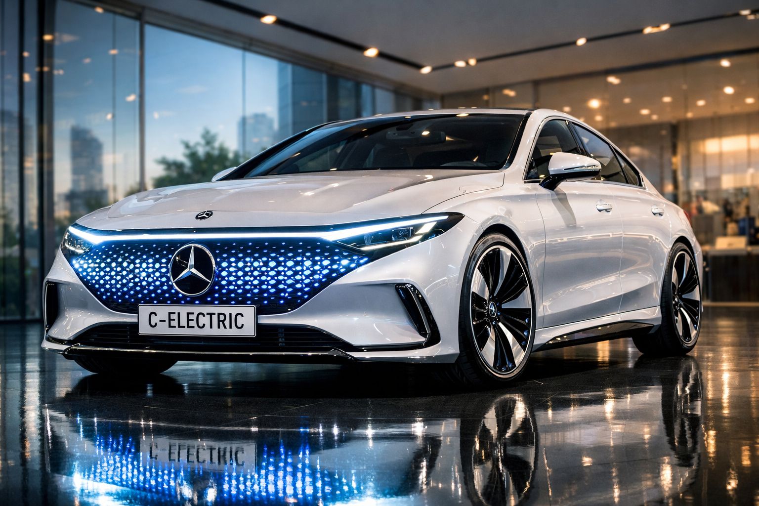 Carro elétrico Mercedes-Benz branco C-Electric em exposição com luzes LED azuis no painel frontal.