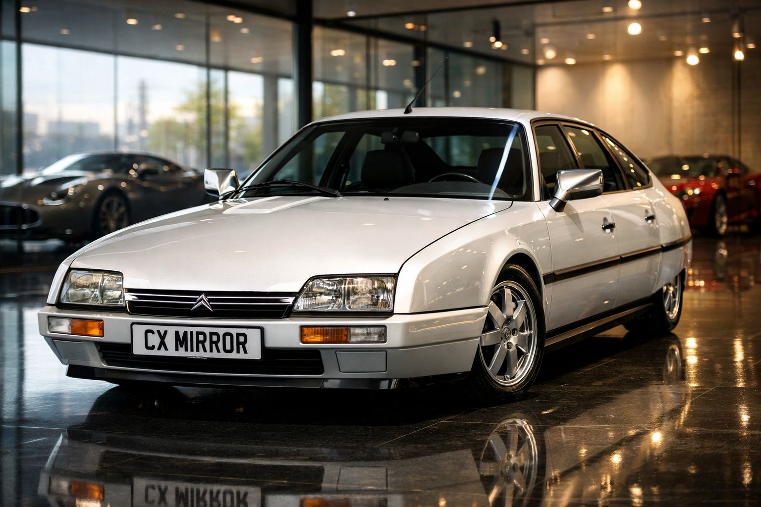 Carro clássico Citroën CX branco estacionado em piso brilhante num salão de exposições.