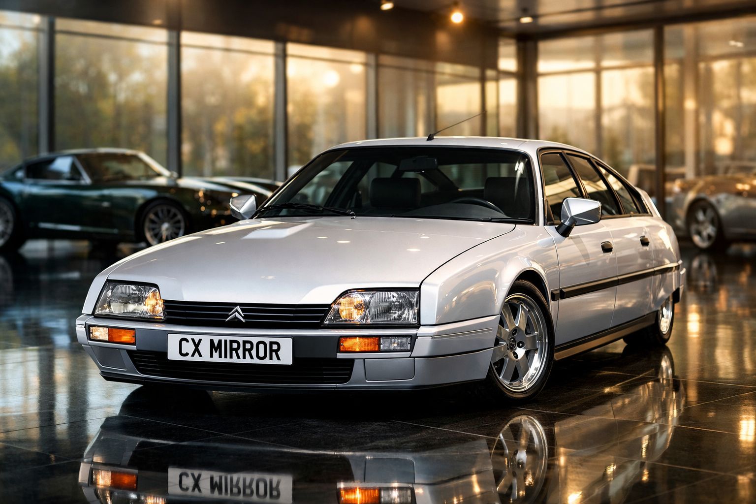 Carro clássico Citroën CX prateado estacionado em interior com chão refletor e janelas grandes.
