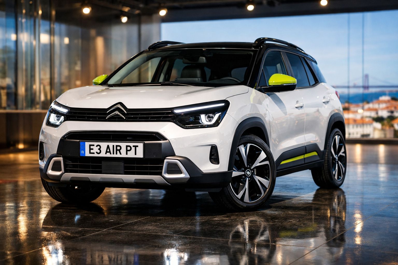 Carro Citroën branco com detalhes verdes, em destaque numa garagem iluminada.