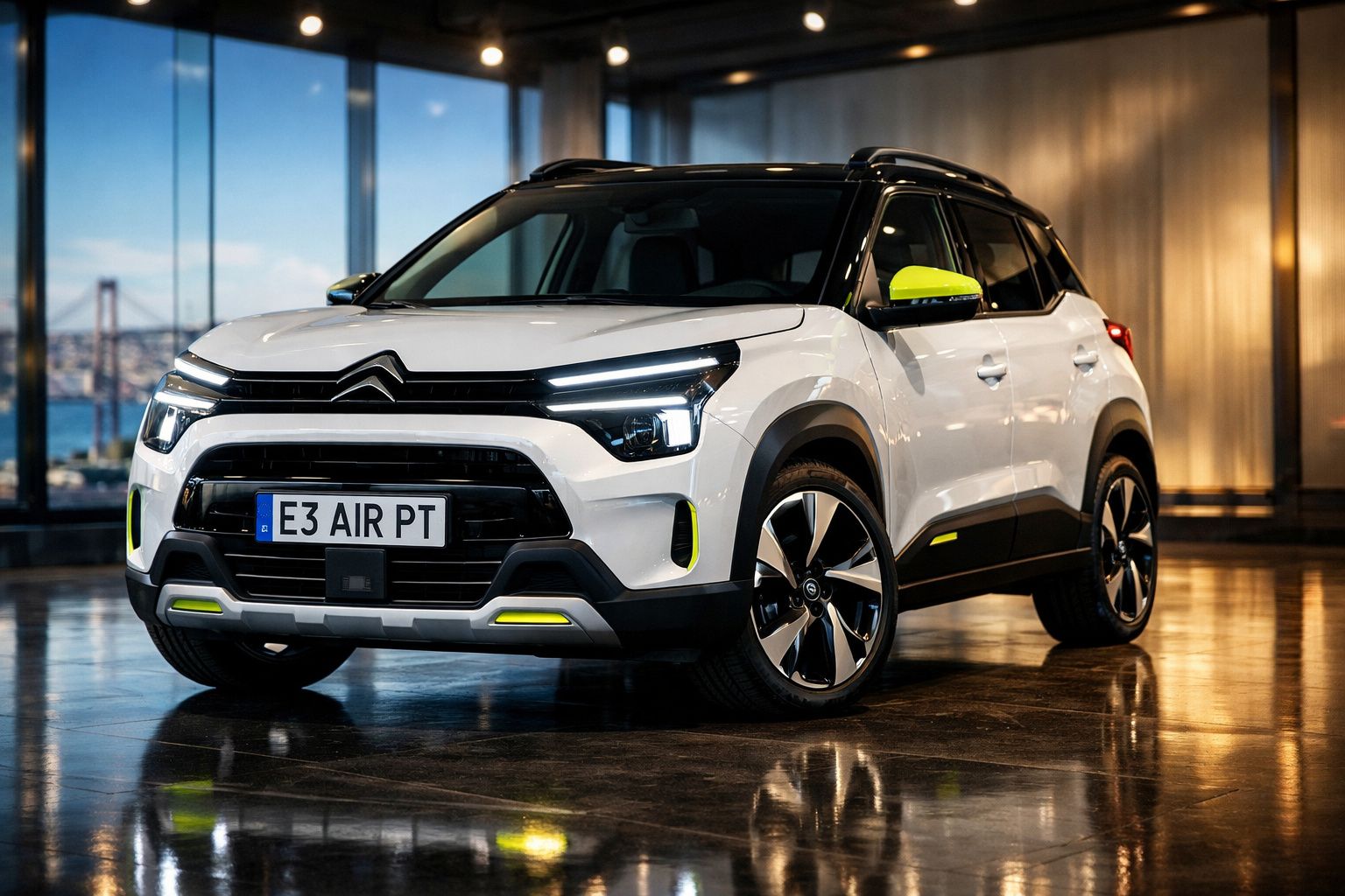SUV Citroën branco com detalhes verdes, parqueado em ambiente interior iluminado.