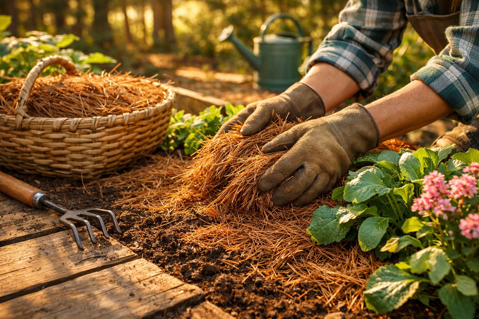 Mãos com luvas a cobrir terra com palha seca num canteiro de jardim, rodeado por plantas e flores.