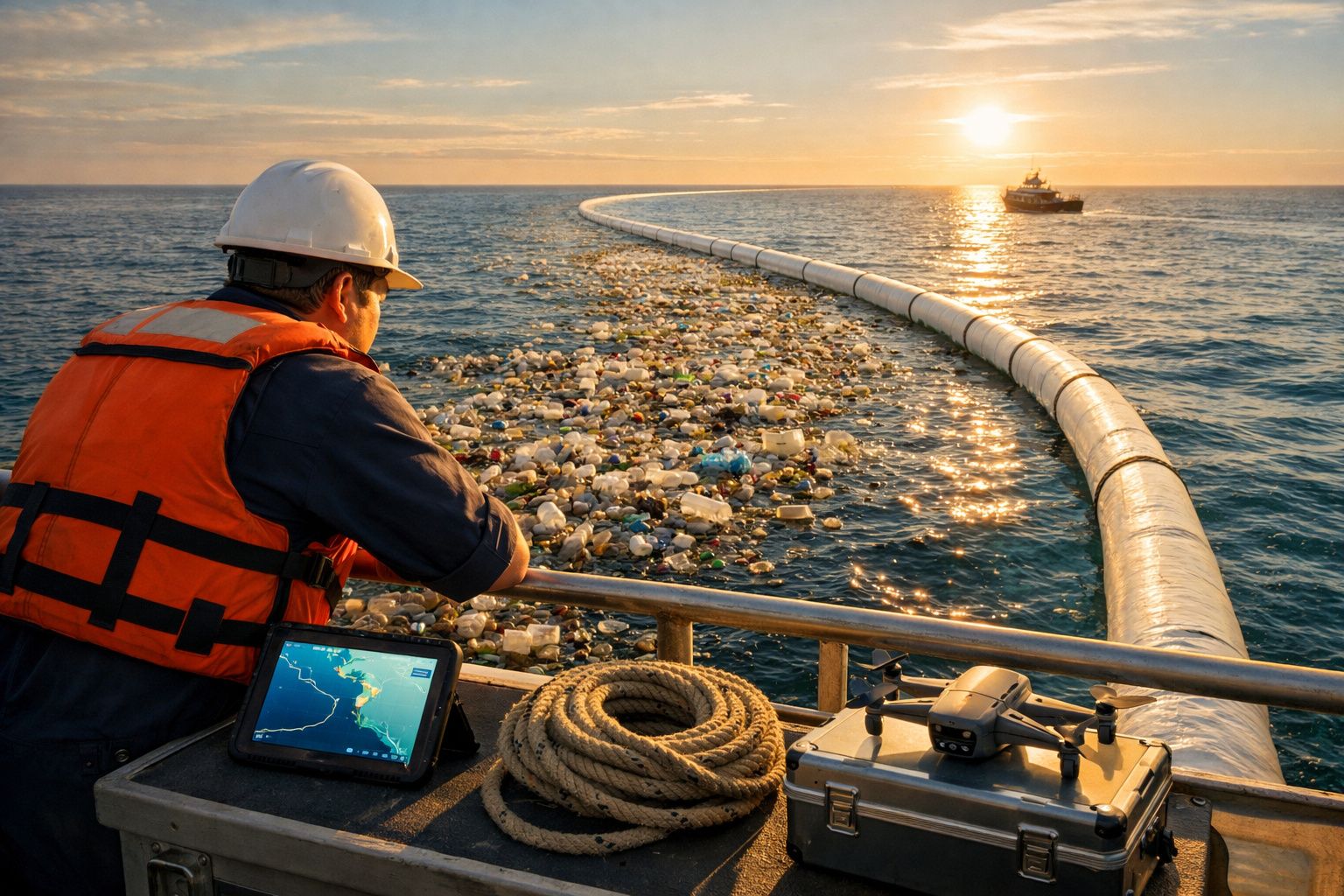 Homem de colete e capacete monitora recolha de lixo plástico no oceano ao pôr do sol a partir de barco.