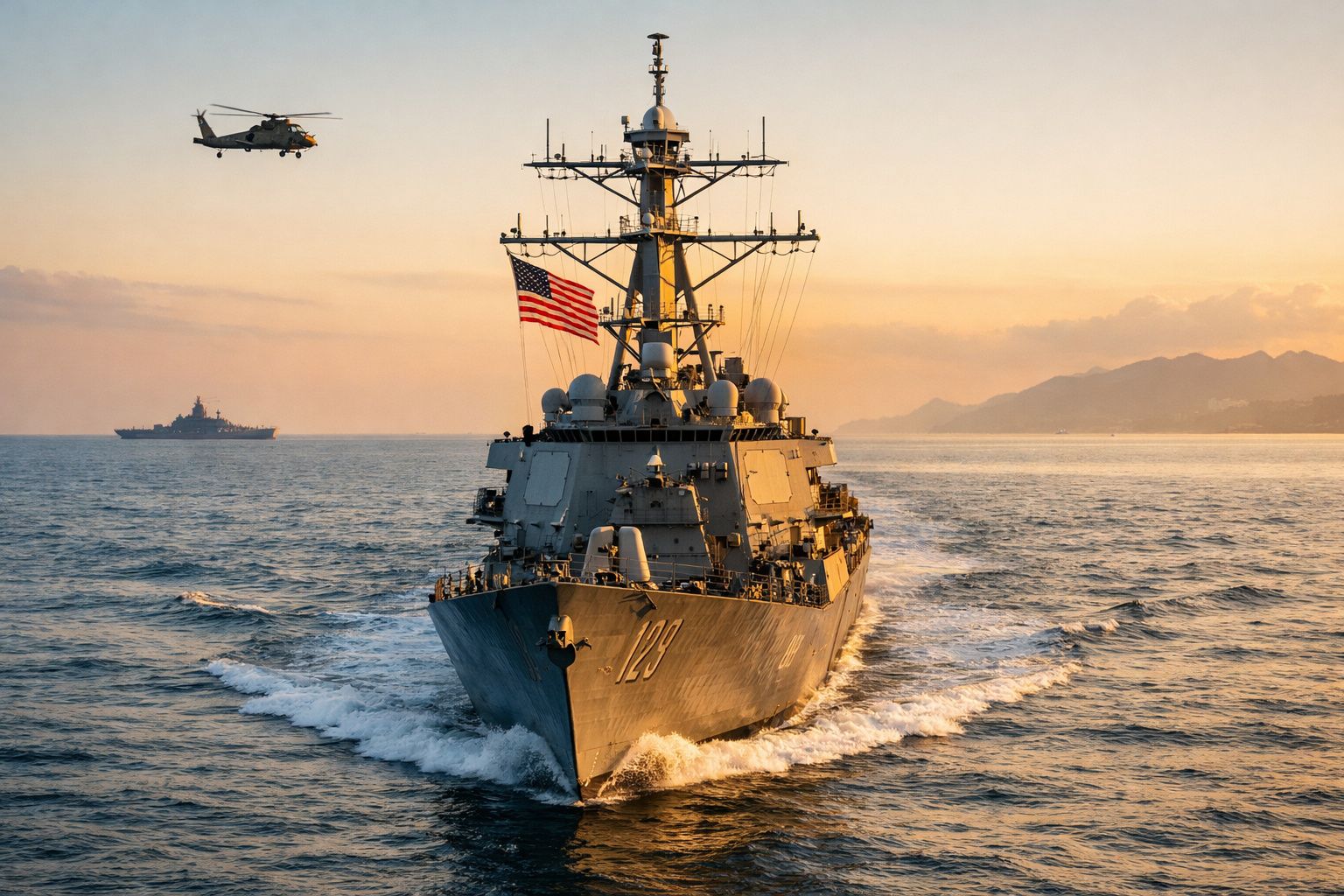 Navio de guerra dos EUA com bandeira americana, helicóptero e outro navio ao pôr do sol no mar aberto.