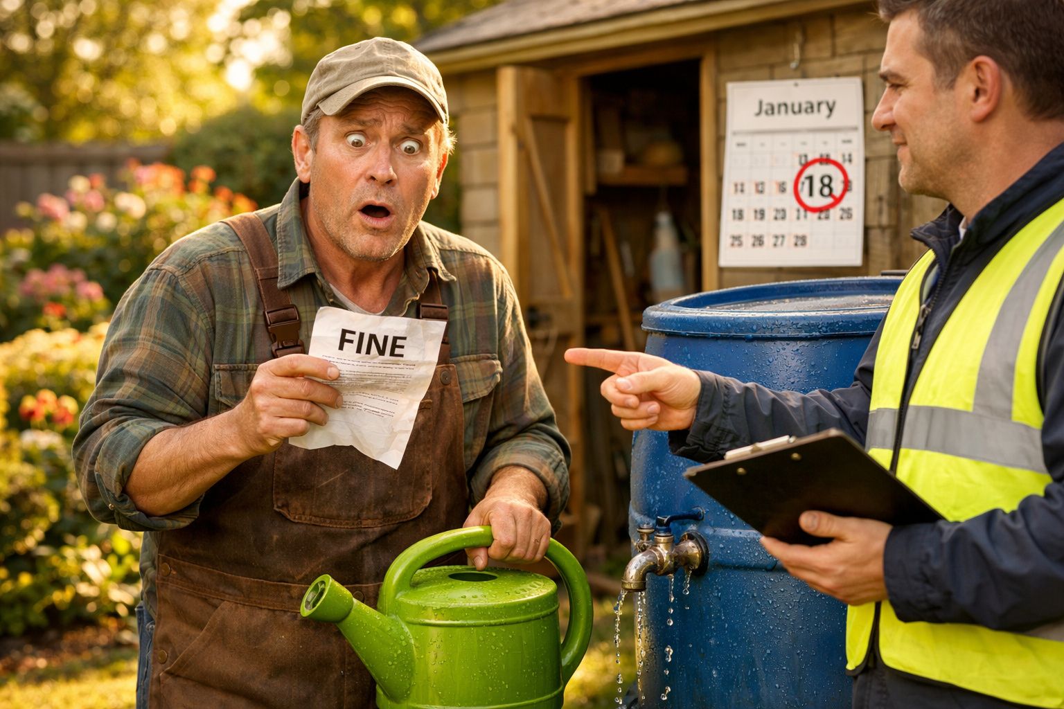 Homem com expressão chocada segura aviso de multa enquanto outro homem aponta para calendário com dia 18 marcado.