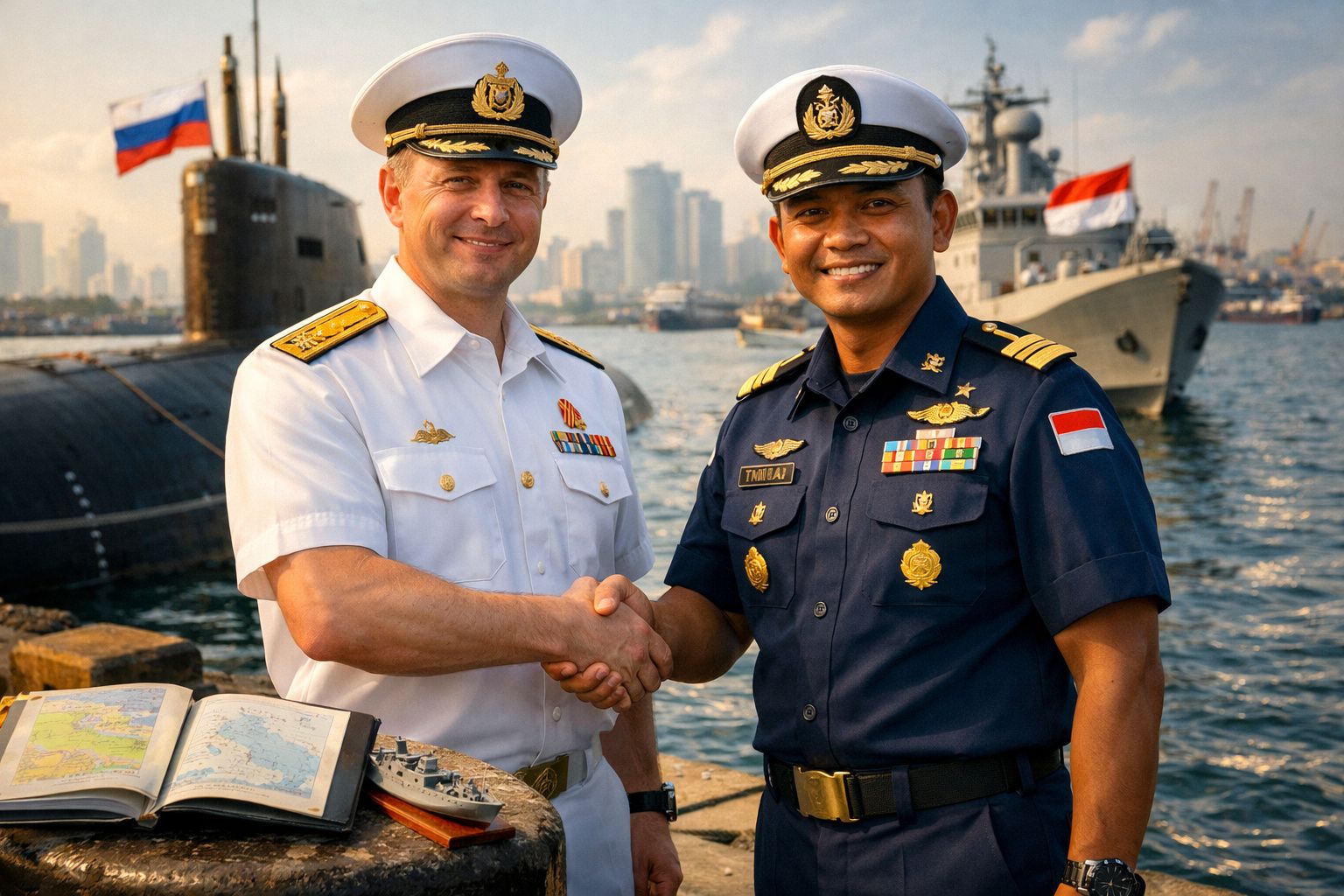 Dois oficiais da marinha, um em uniforme branco e outro em azul, apertam as mãos num cais com submarino e navio ao fundo.