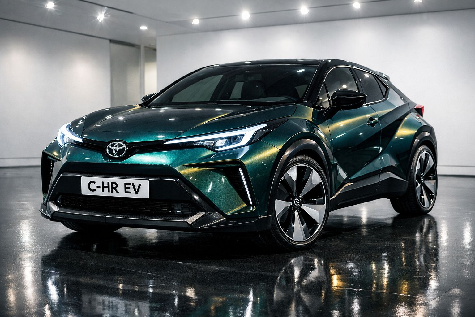 Carro elétrico Toyota C-HR EV verde escuro estacionado em piso brilhante com fundo branco neutro.