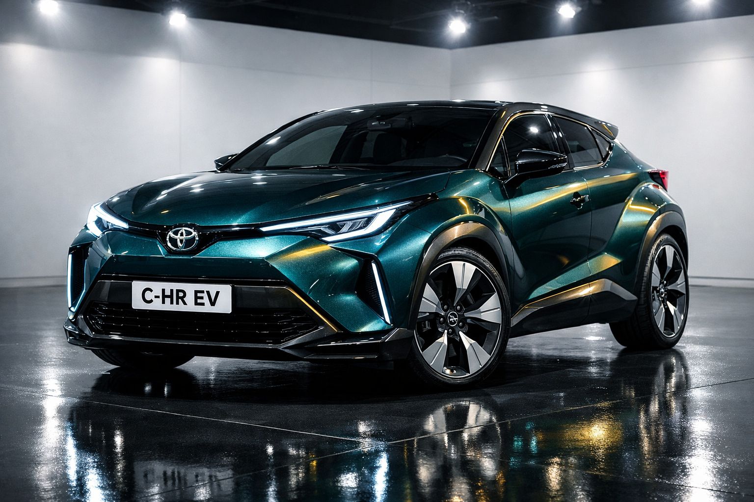 Carro elétrico Toyota C-HR EV verde metálico estacionado em piso brilhante com fundo neutro.