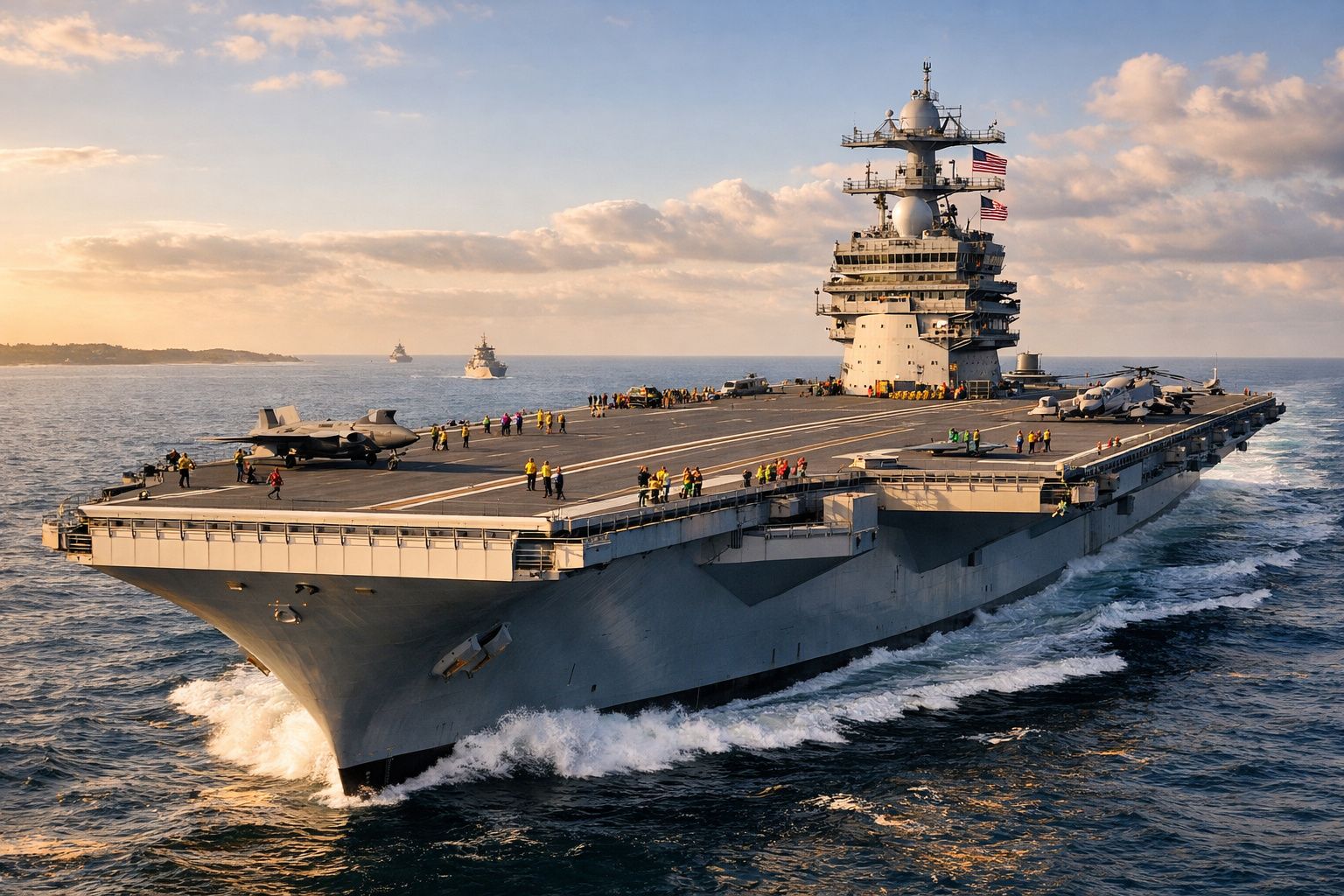 Porta-aviões com várias pessoas e aeronaves no convés navegando no oceano sob céu nublado ao pôr do sol.