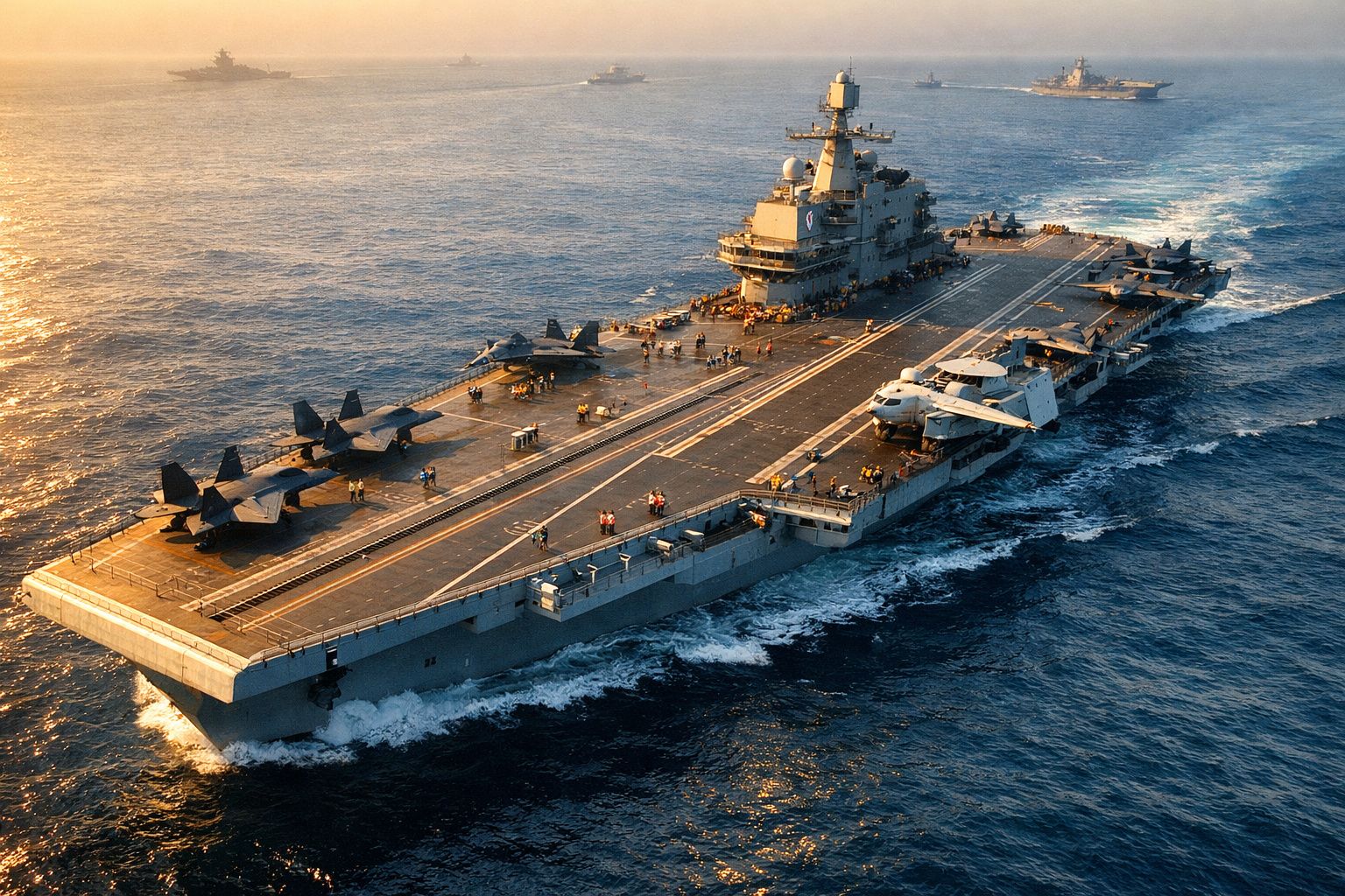 Porta-aviões no mar ao entardecer, com vários aviões militares no convés e várias pessoas a bordo.