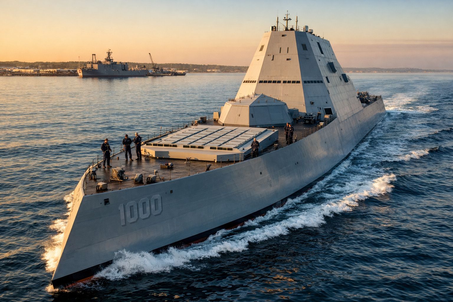 Navio de guerra moderno cinzento navegando no mar com vários tripulantes no convés ao pôr do sol.