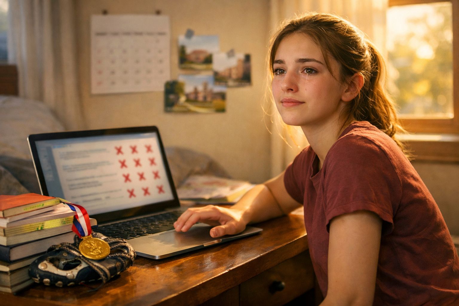 Rapaz com lágrima no rosto sentado a computador com ecrã cheio de erros marcados com X vermelhos.