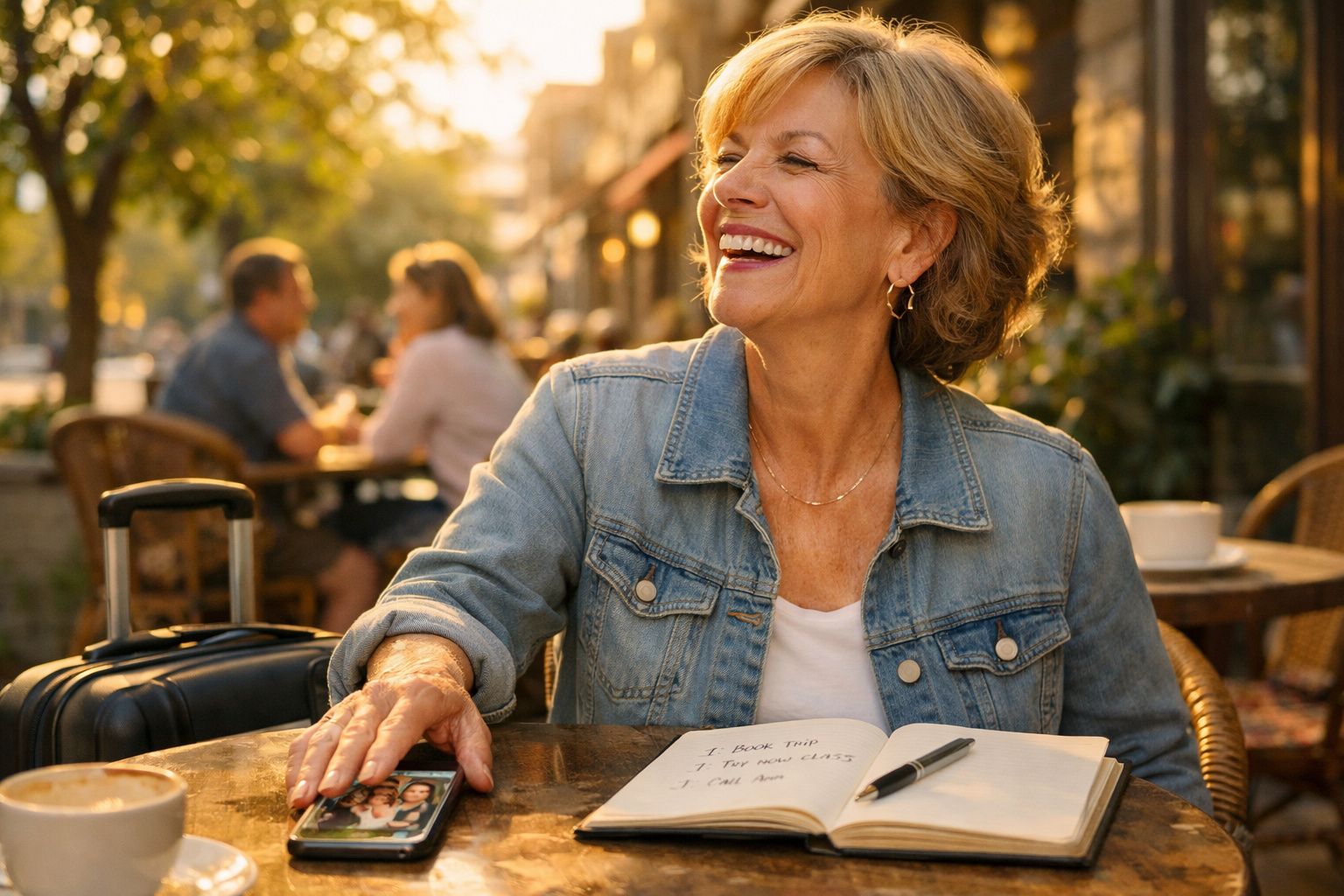 Mulher sorridente sentada numa esplanada com mala, livro aberto e caneta sobre a mesa ao fim da tarde.