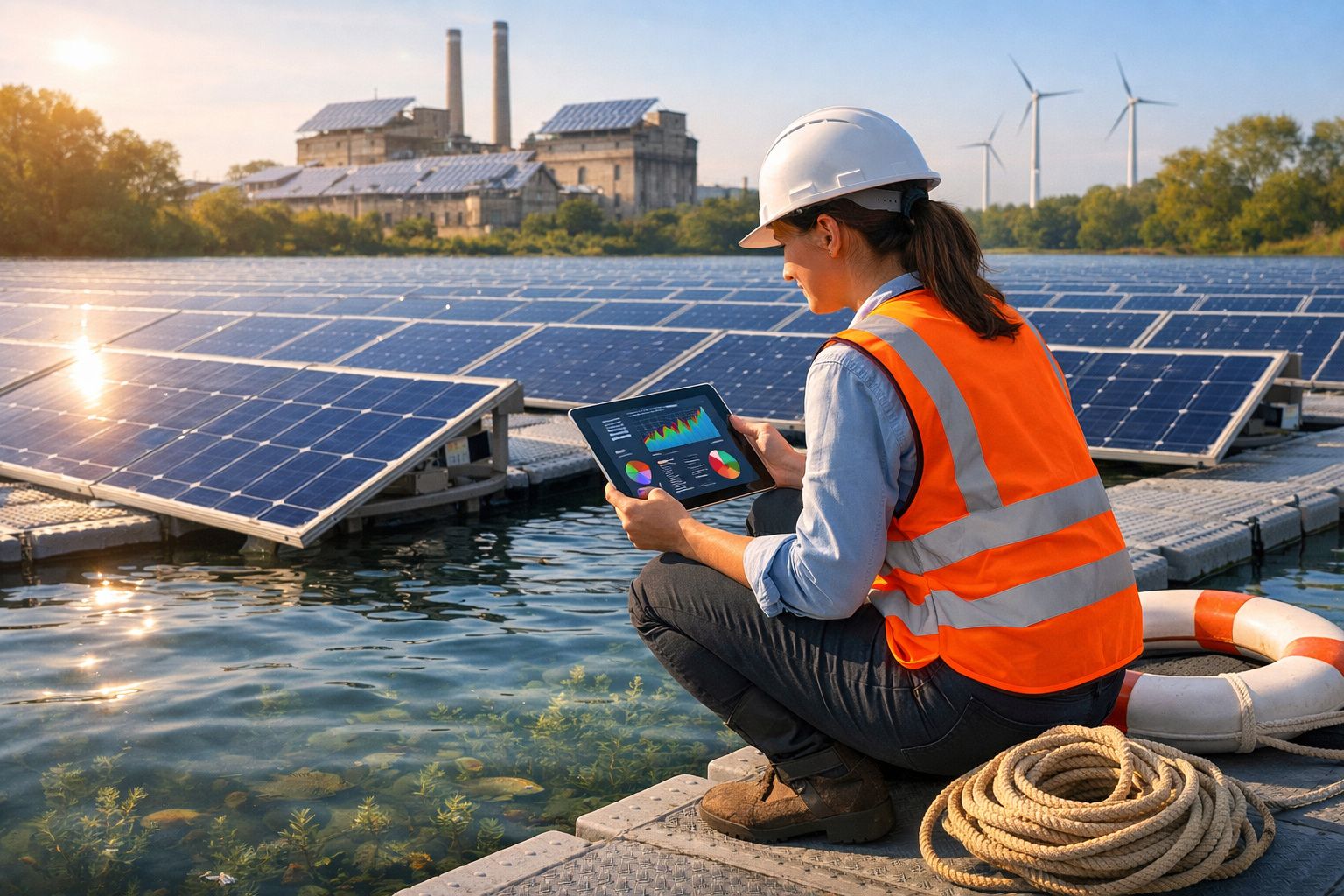 Mulher de capacete e colete laranja analisa dados num tablet junto a painéis solares flutuantes numa central hidroelétrica.
