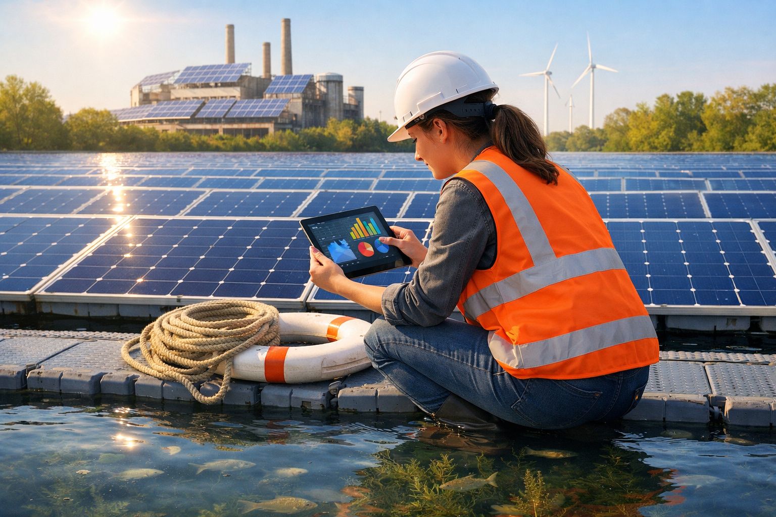 Mulher com colete refletor e capacete analisa gráficos em tablet perto de painéis solares flutuantes e turbinas eólicas.