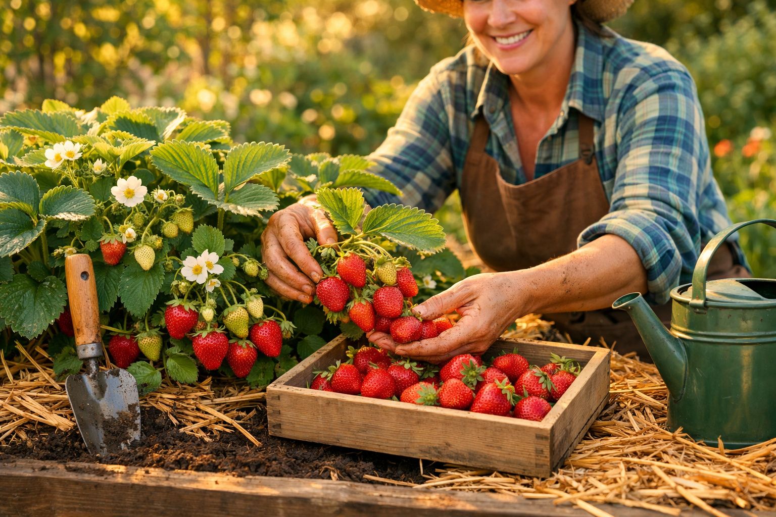 Pessoa a colher morangos maduros numa caixa de madeira, com regador e enxada ao lado no jardim.