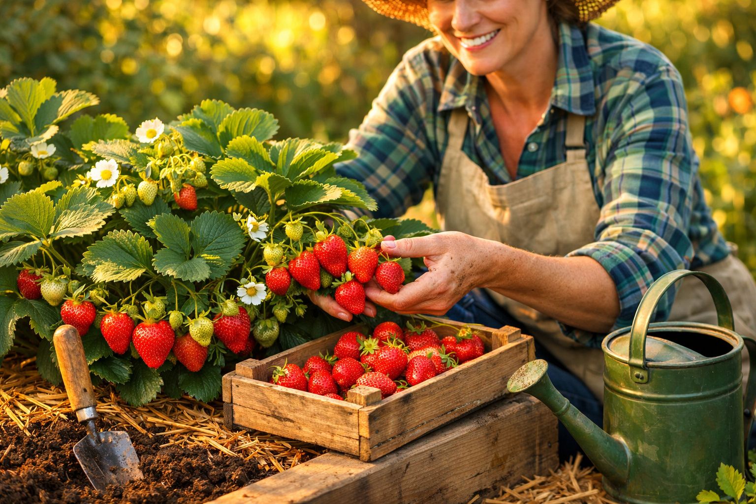Pessoa a colher morangos maduros numa horta, com regador e caixa de madeira cheia de morangos.