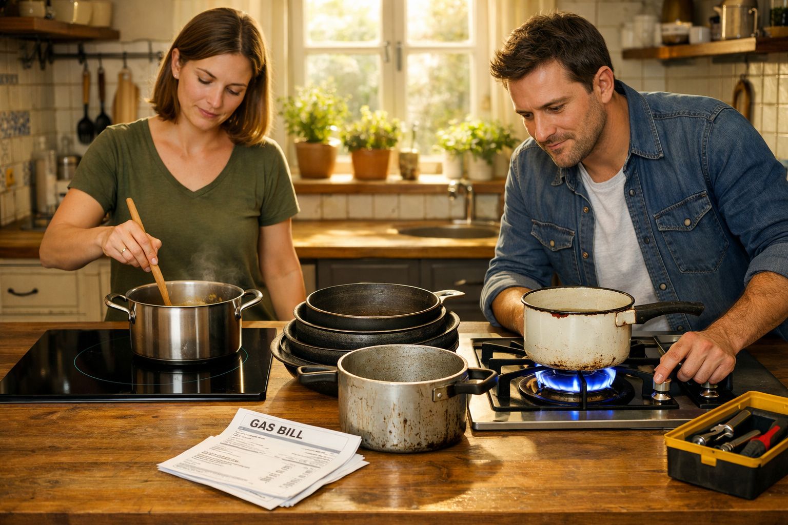 Casal cozinha juntos numa cozinha rústica enquanto verifica contas de gás na bancada.