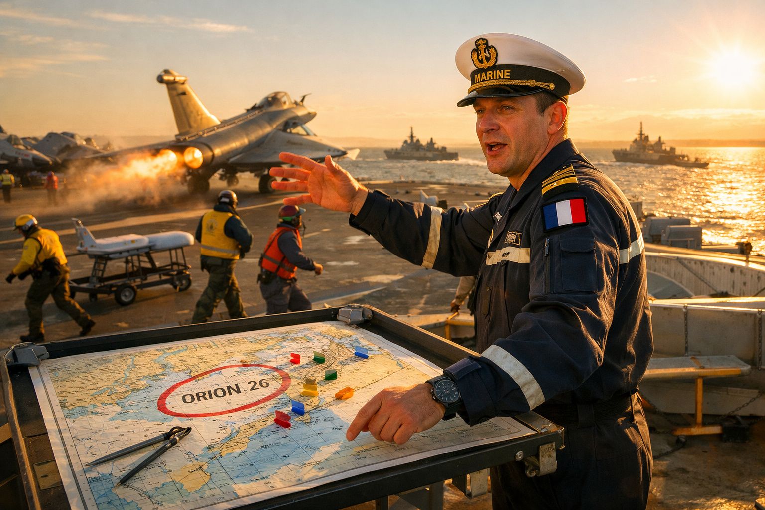 Oficial naval francês explica plano de operações num porta-aviões com caça a descolar ao fundo.