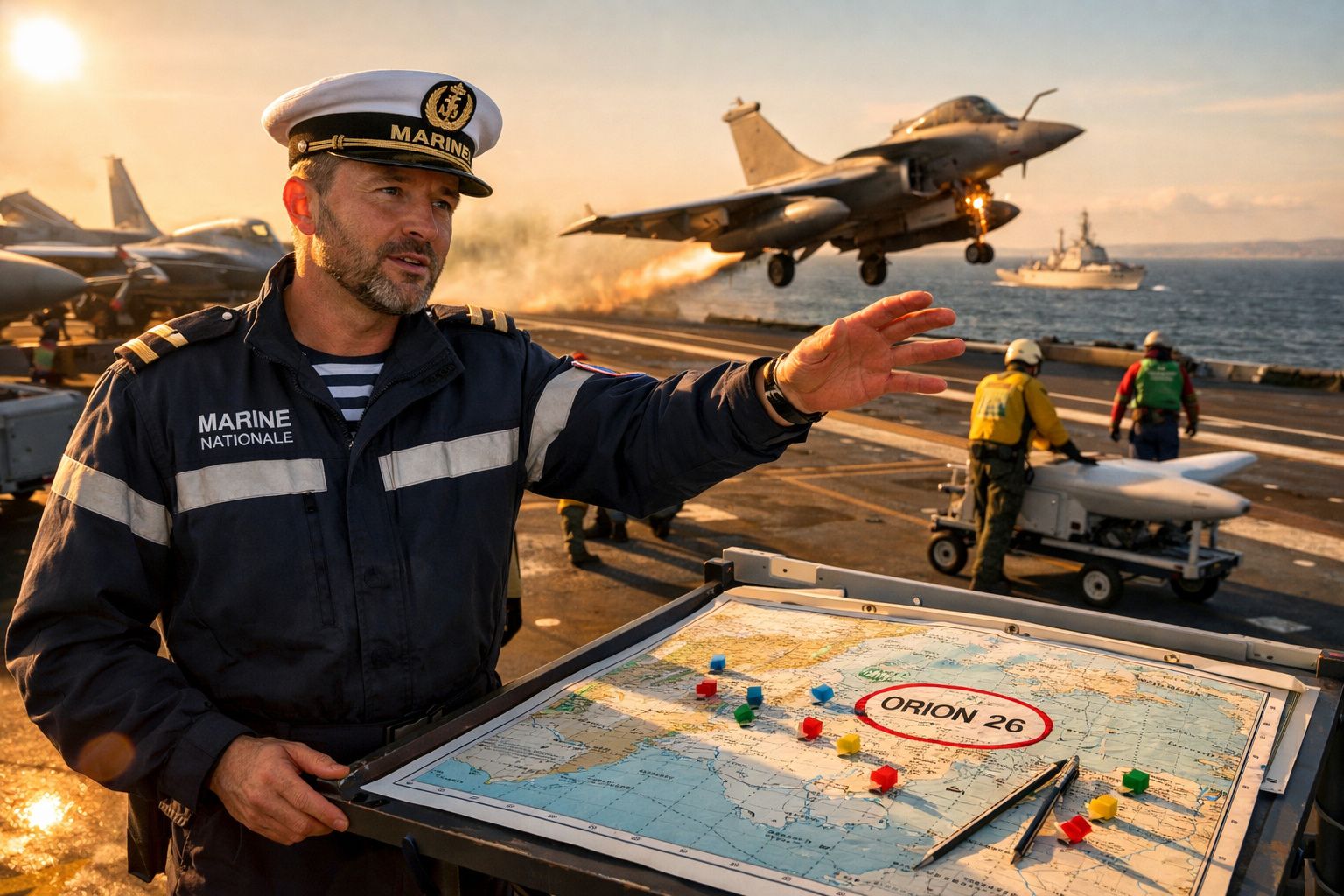 Oficial da marinha com mapa a bordo de porta-aviões, enquanto jato descola e tripulantes trabalham no convés.