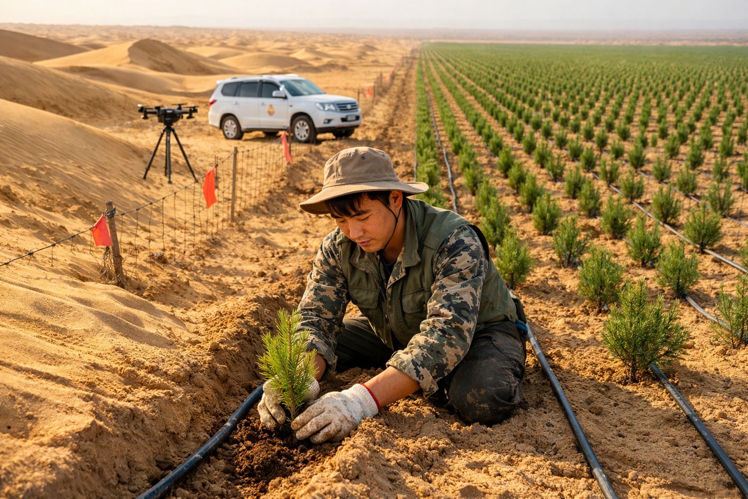 Homem a plantar uma muda numa plantação organizada em linhas, com terra seca e um drone no fundo.