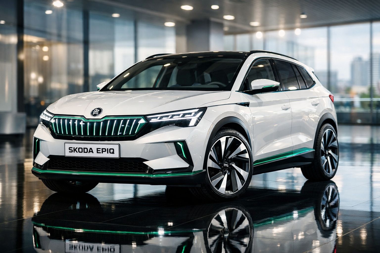 Automóvel elétrico branco Škoda Epiq em exposição numa sala moderna com vidro e luzes refletidas no chão.