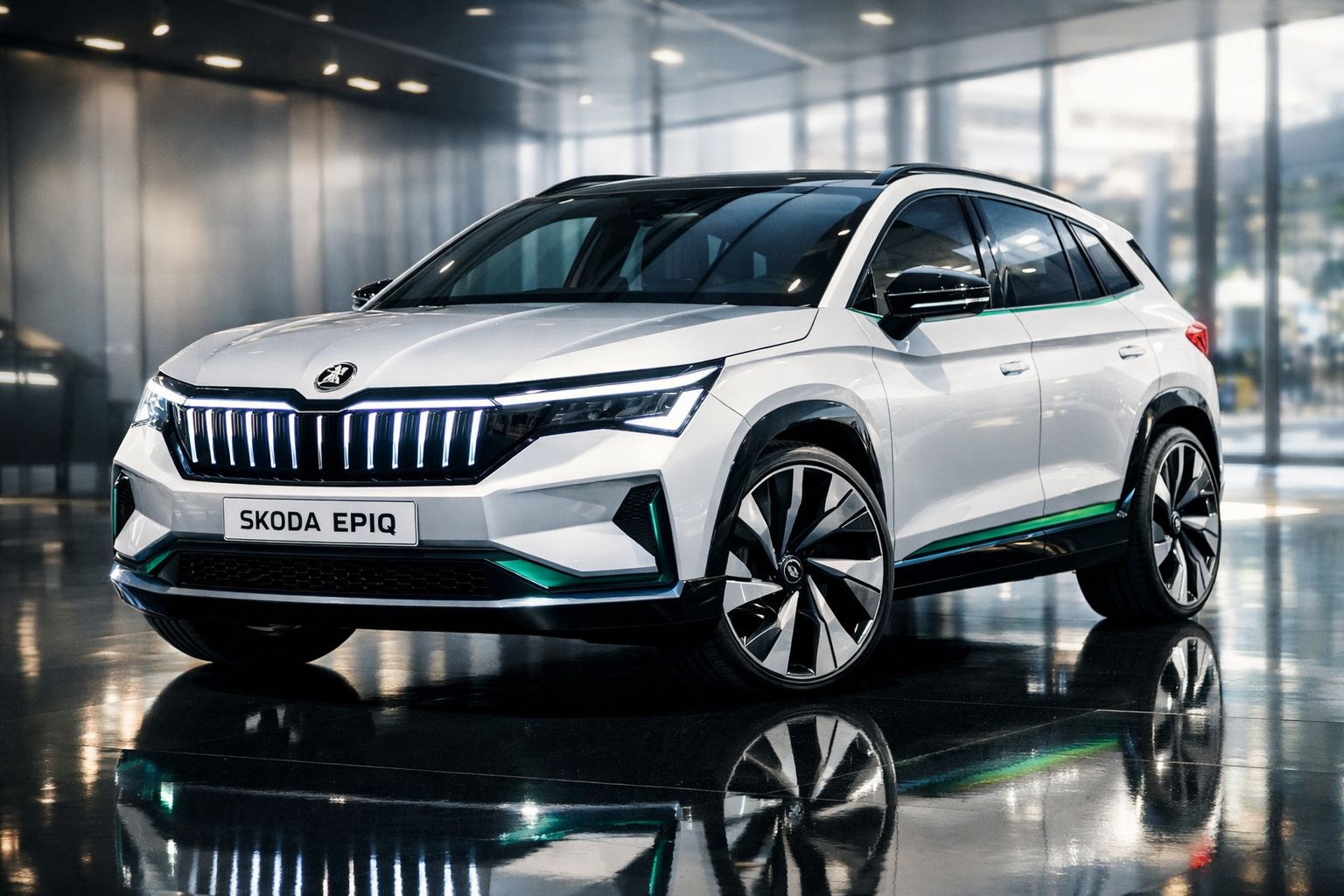 Carro Skoda Epiq branco, SUV moderno estacionado em piso brilhante com reflexos, interior de edifício ao fundo.