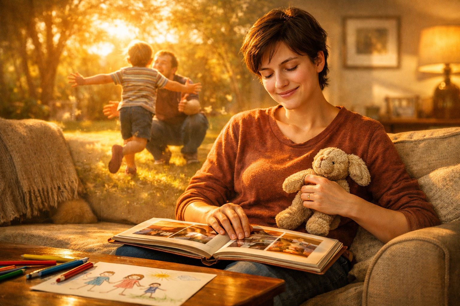 Mulher a folhear um álbum de fotografias e a segurar um peluche, enquanto criança corre para um homem ao fundo.