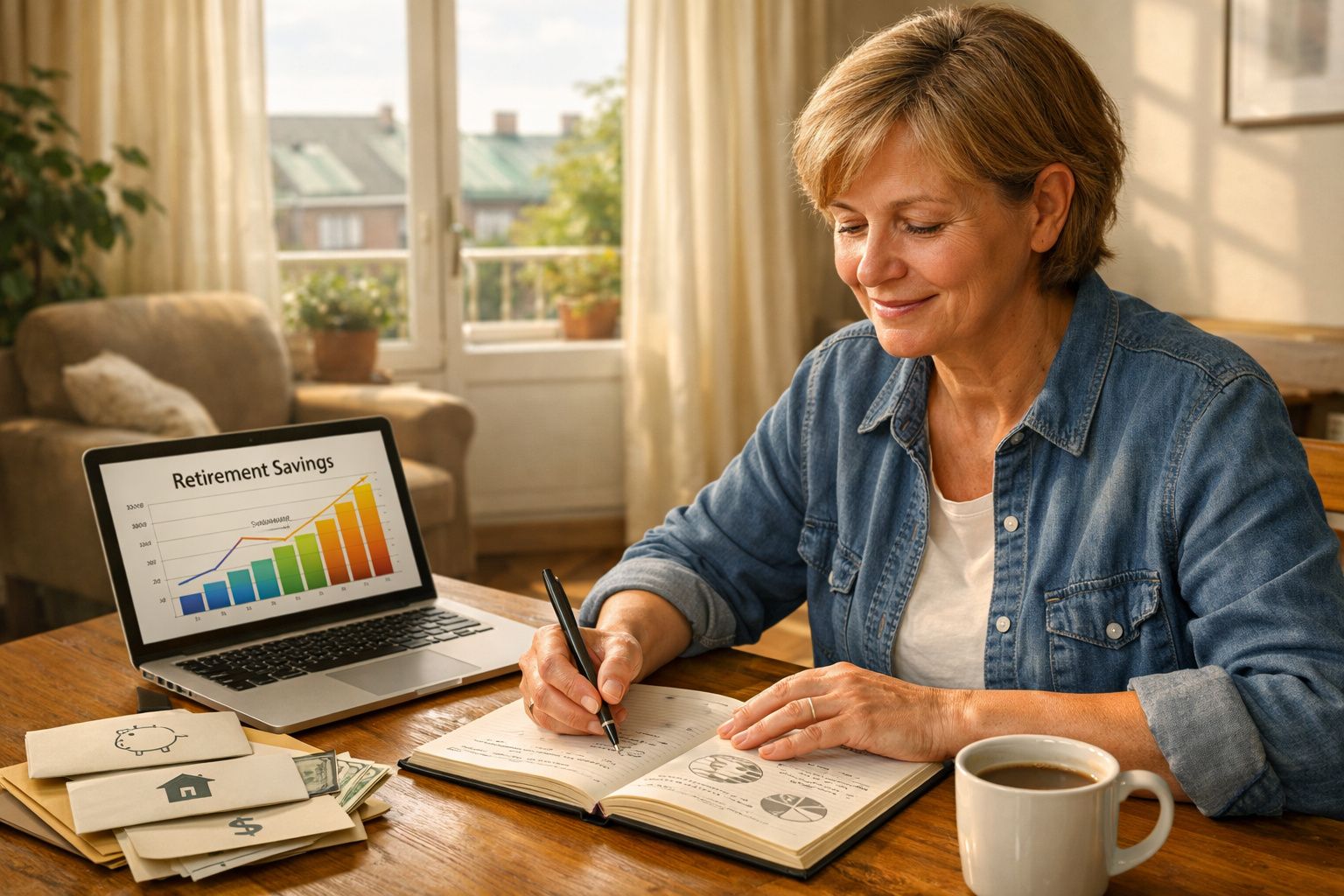 Mulher a fazer orçamento doméstico com gráfico de poupança para reforma no portátil numa sala luminosa.
