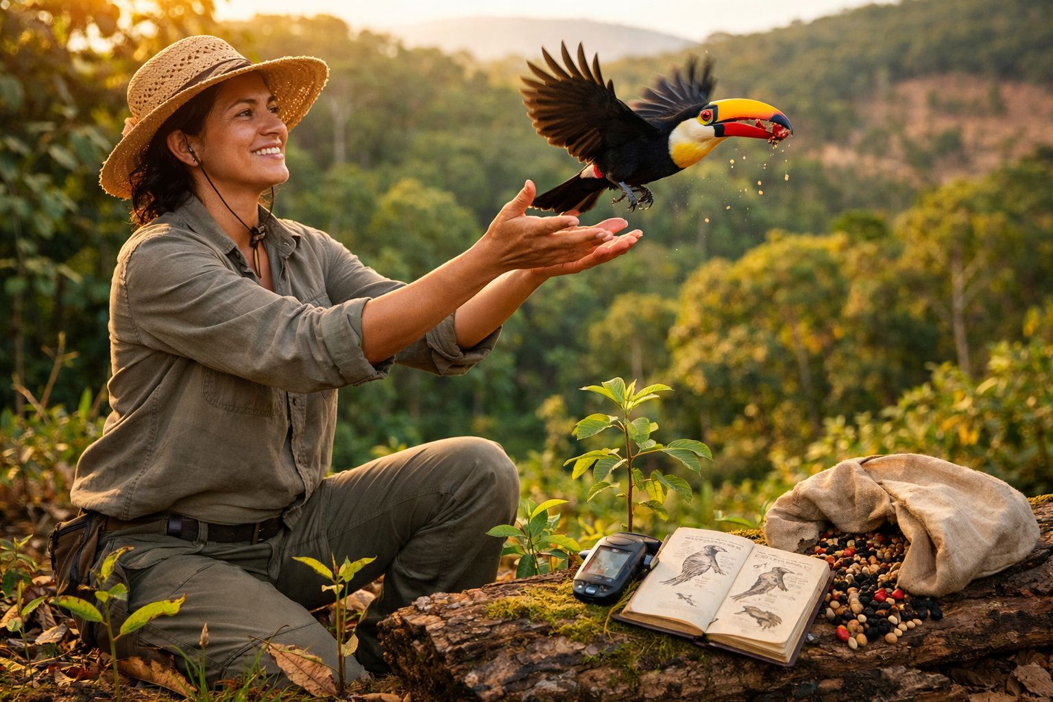 Mulher sorridente a libertar um tucano na natureza, com livro aberto e saco de sementes ao lado.