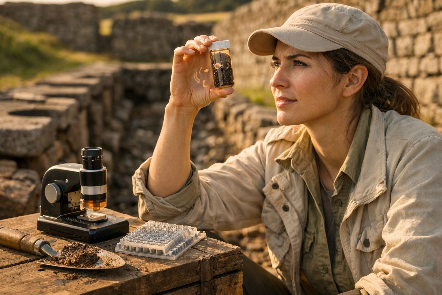 Mulher com roupa de exploradora examina recipiente com amostras ao ar livre, ao lado de microscópio e terra.