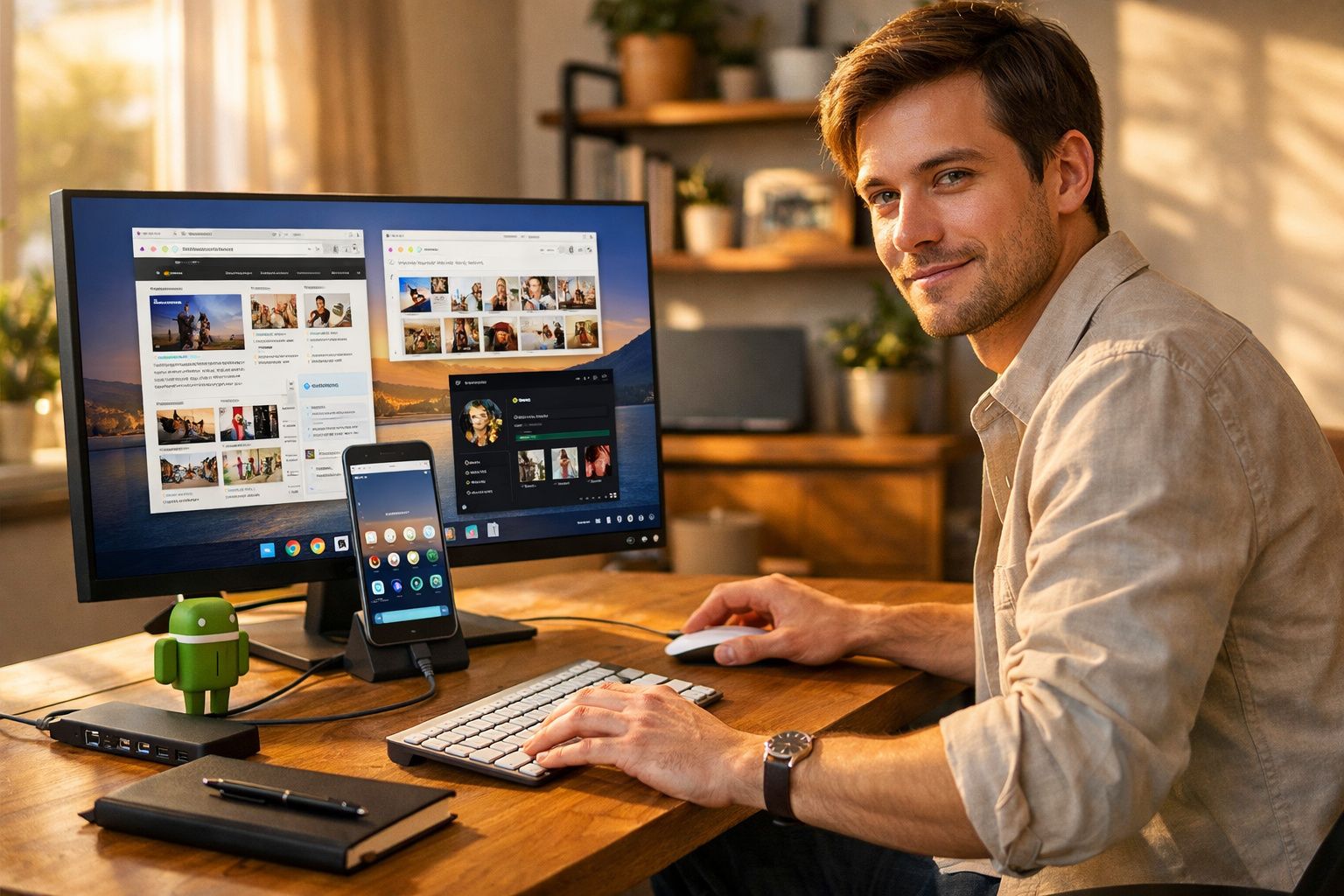 Homem a trabalhar num computador com monitor e smartphone, sentado numa mesa de madeira, sorrindo.