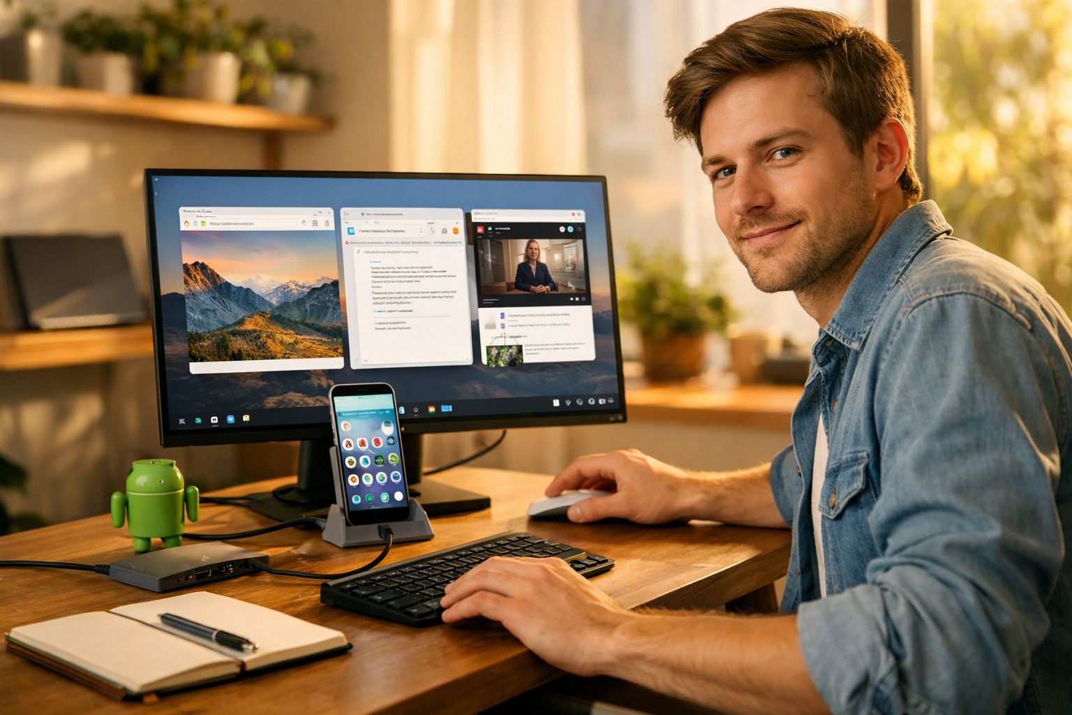 Homem a trabalhar num computador com ecrã grande e smartphone numa secretária em ambiente luminoso.