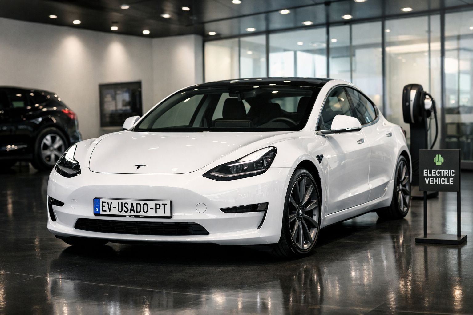 Carro elétrico Tesla branco estacionado numa garagem, com placa personalizada e placa informativa ao lado.