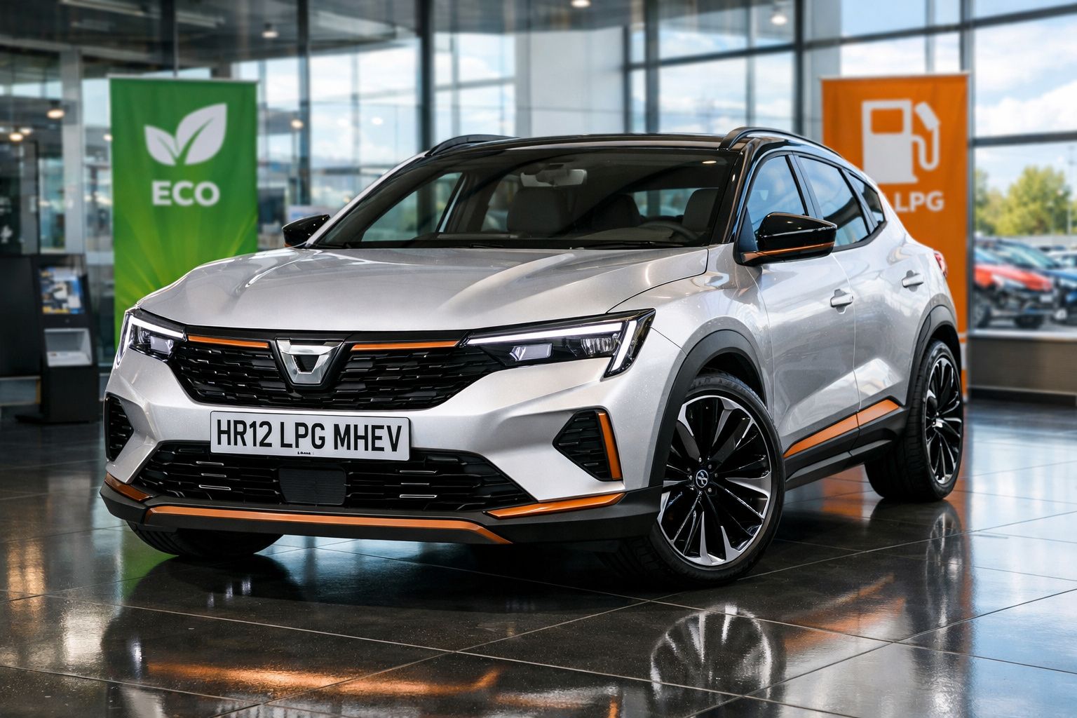 Carro branco moderno SUV híbrido com detalhes laranja em exposição numa concessionária.