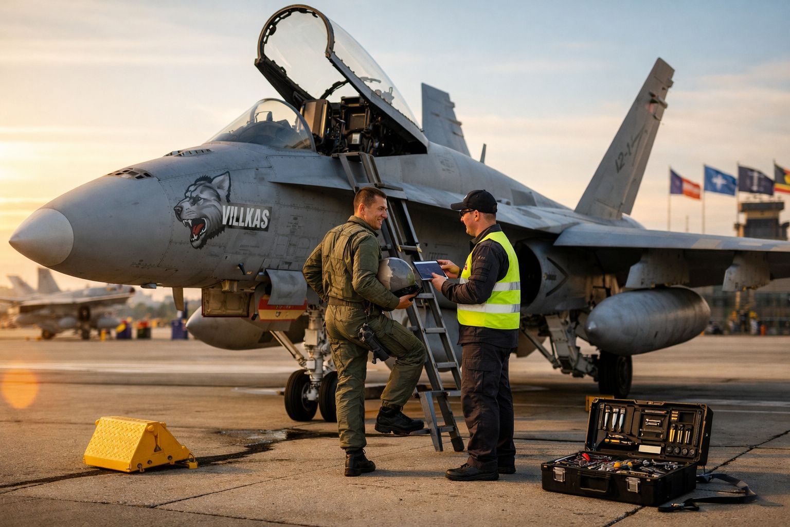 Piloto militar e técnico em conversa junto a caça F-18 num aeroporto ao pôr do sol.