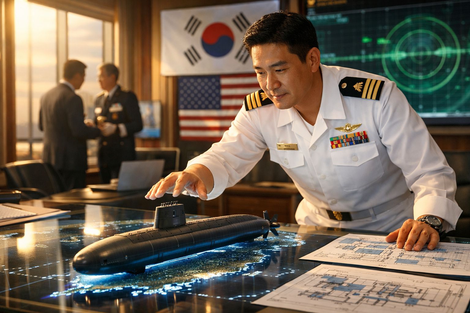 Oficial naval asiático a analisar maquete de submarino numa mesa com mapas e bandeiras ao fundo.