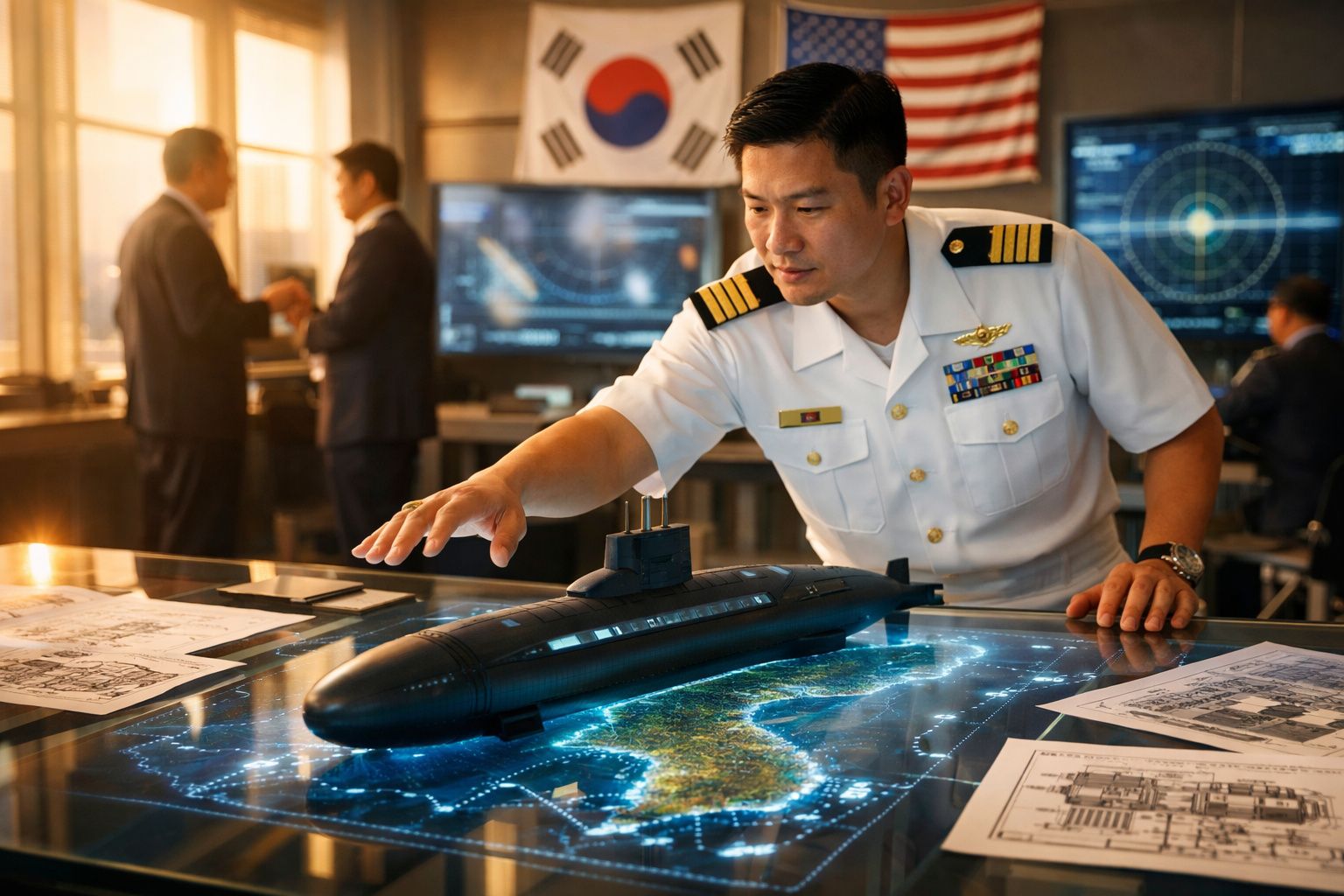 Militar naval asiático em uniforme branco a manipular miniatura de submarino numa mesa digital com mapas iluminados.