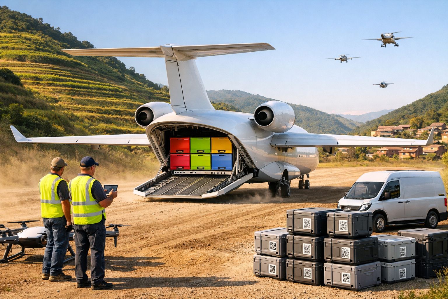 Avião descarregando caixas coloridas com dois homens de colete amarelo a operar drones ao lado.