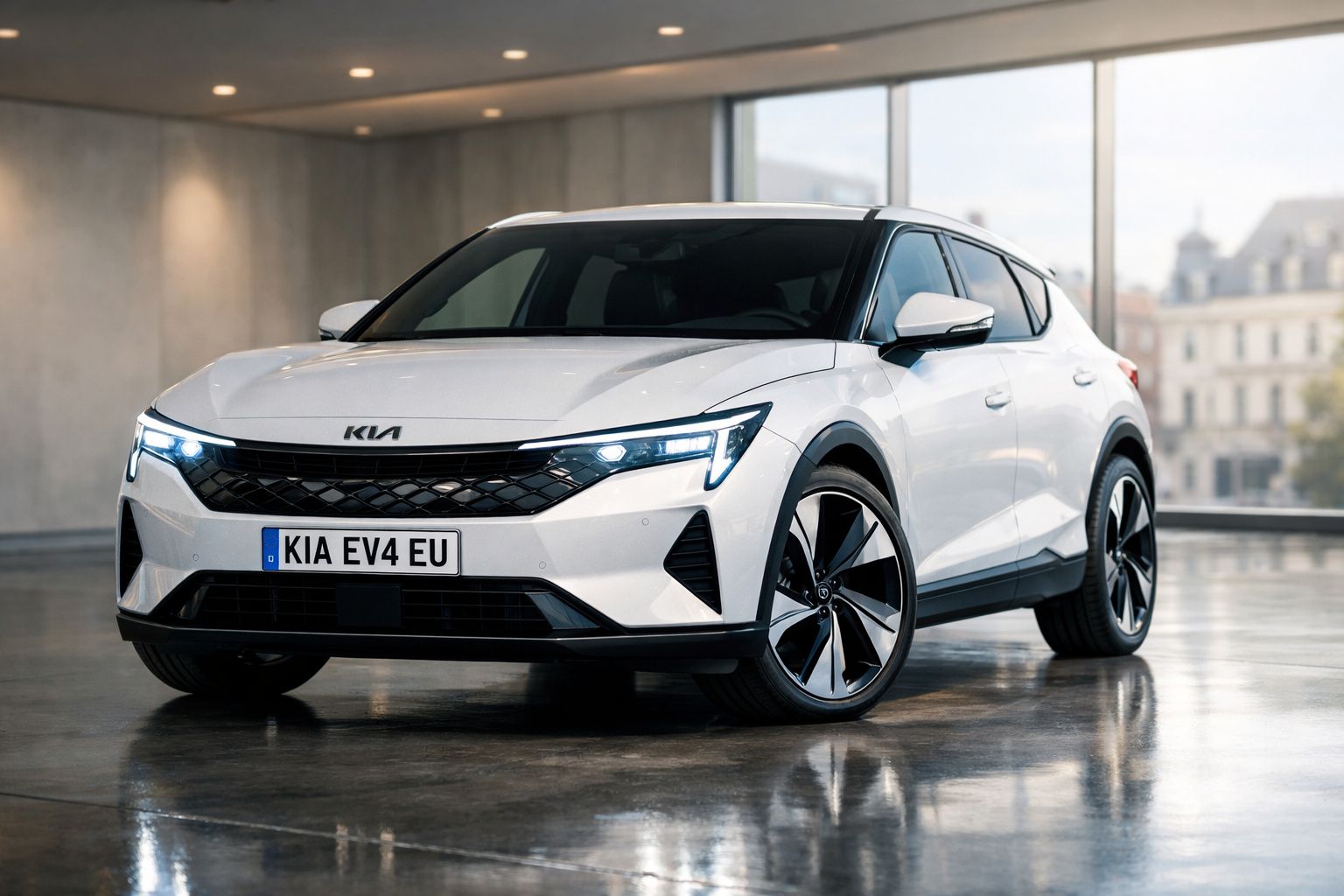 Carro elétrico branco Kia EV4 estacionado em interior moderno com janelas grandes ao fundo.